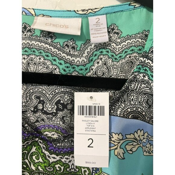 Chico's Sz 2 (US L 12) Shades of Green Silky Flowy Pullover Blouse Cinched Waist - Picture 3 of 7